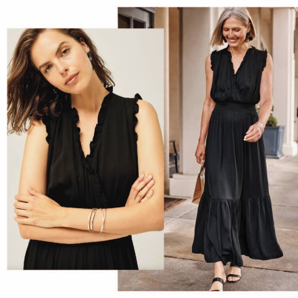 J. JILL Sleeveless Smocked-Waist Ruffled Sateen Maxi Dress Black Size S